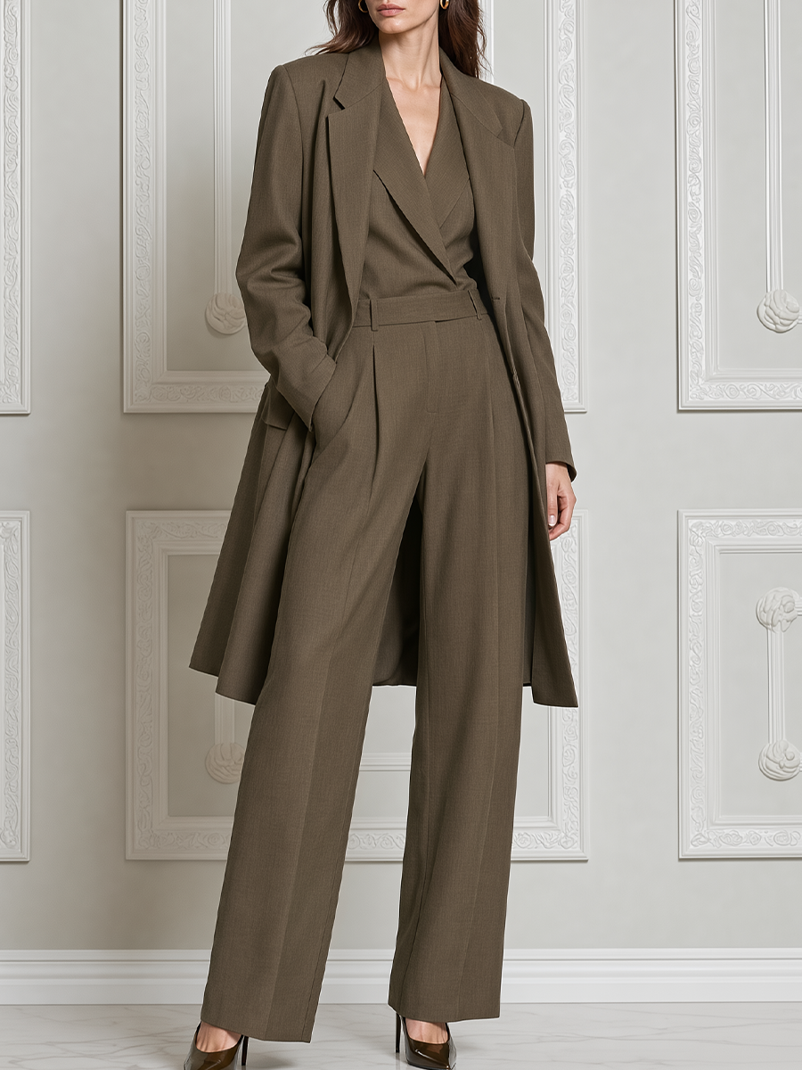 Olive Fall Fashion Longline Coat & Sleeveless Wide Leg Jumpsuit Set