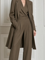 Olive Fall Fashion Longline Coat & Sleeveless Wide Leg Jumpsuit Set