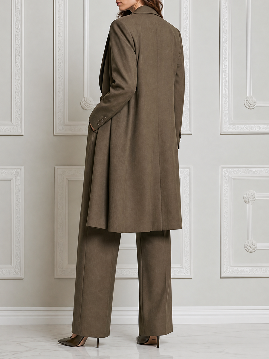 Olive Fall Fashion Longline Coat & Sleeveless Wide Leg Jumpsuit Set