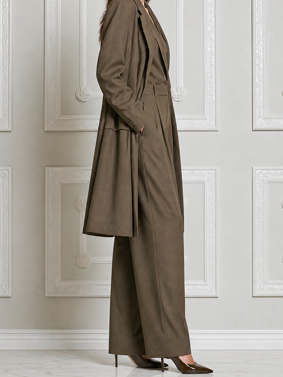 Olive Fall Fashion Longline Coat & Sleeveless Wide Leg Jumpsuit Set
