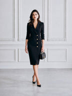 Elegant Gold Button Blazer-Style Breasted Sheath Midi Dress