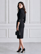 Elegant Gold Button Blazer-Style Breasted Sheath Midi Dress