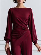 Elegant Boat Neck Ruched Blouse & Wide Leg Pants Two-Piece Set