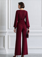 Elegant Boat Neck Ruched Blouse & Wide Leg Pants Two-Piece Set