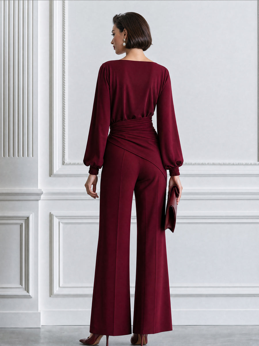 Elegant Boat Neck Ruched Blouse & Wide Leg Pants Two-Piece Set