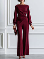 Elegant Boat Neck Ruched Blouse & Wide Leg Pants Two-Piece Set