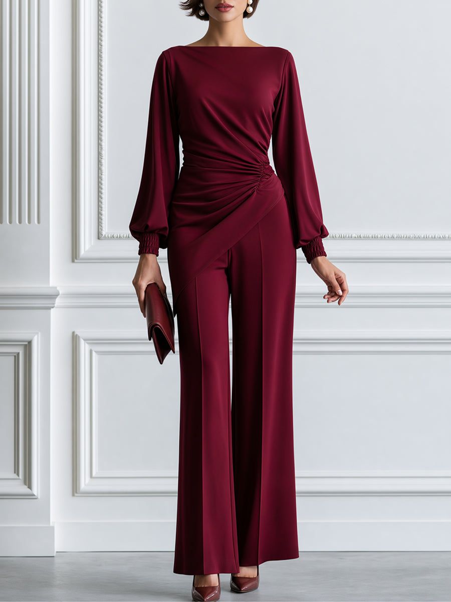 Elegant Boat Neck Ruched Blouse & Wide Leg Pants Two-Piece Set