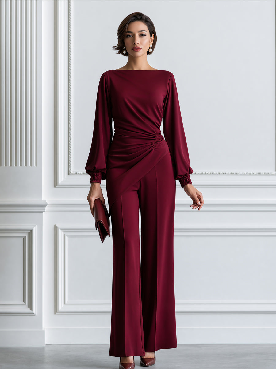 Elegant Boat Neck Ruched Blouse & Wide Leg Pants Two-Piece Set