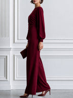 Elegant Boat Neck Ruched Blouse & Wide Leg Pants Two-Piece Set