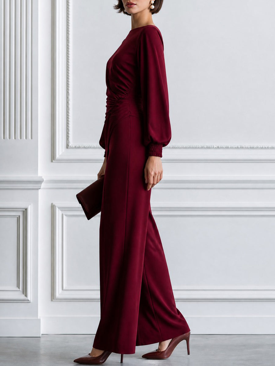 Elegant Boat Neck Ruched Blouse & Wide Leg Pants Two-Piece Set