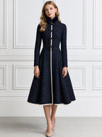 Elegant Stand Collar Long Sleeve Contrast Trim Midi Coat Dress with Fur Collar