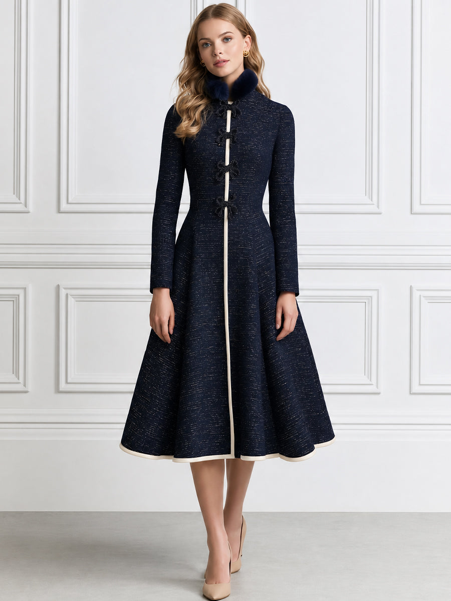 Elegant Stand Collar Long Sleeve Contrast Trim Midi Coat Dress with Fur Collar