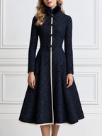Elegant Stand Collar Long Sleeve Contrast Trim Midi Coat Dress with Fur Collar