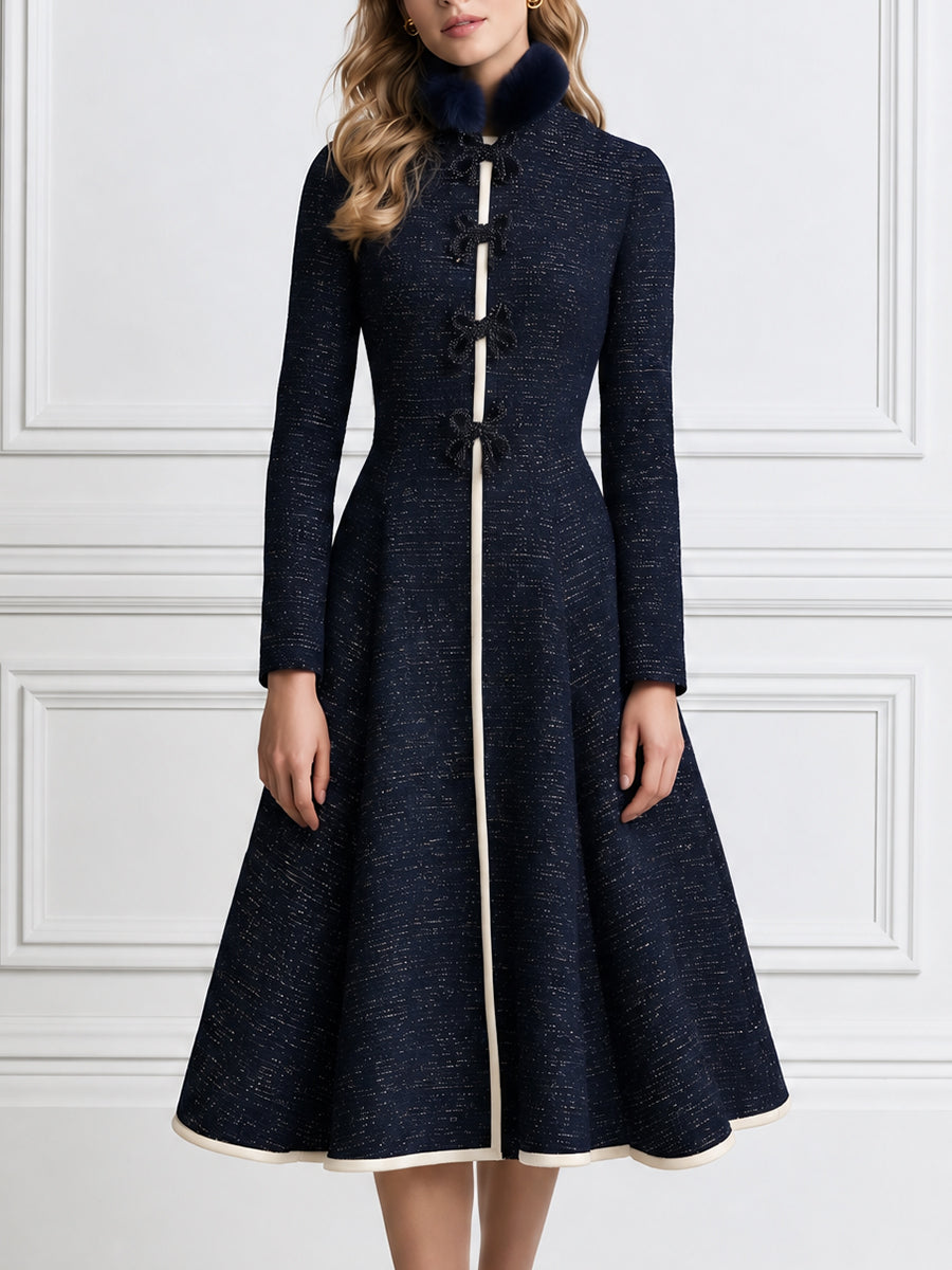 Elegant Stand Collar Long Sleeve Contrast Trim Midi Coat Dress with Fur Collar