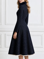 Elegant Stand Collar Long Sleeve Contrast Trim Midi Coat Dress with Fur Collar