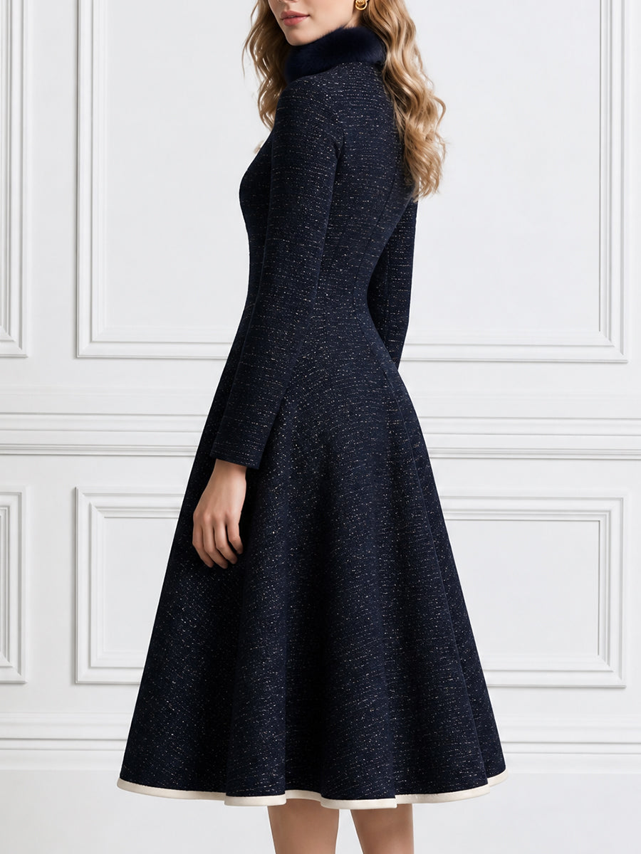 Elegant Stand Collar Long Sleeve Contrast Trim Midi Coat Dress with Fur Collar