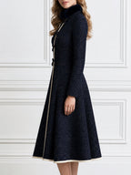 Elegant Stand Collar Long Sleeve Contrast Trim Midi Coat Dress with Fur Collar