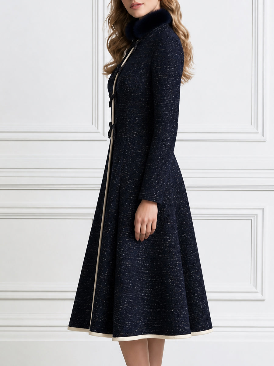Elegant Stand Collar Long Sleeve Contrast Trim Midi Coat Dress with Fur Collar