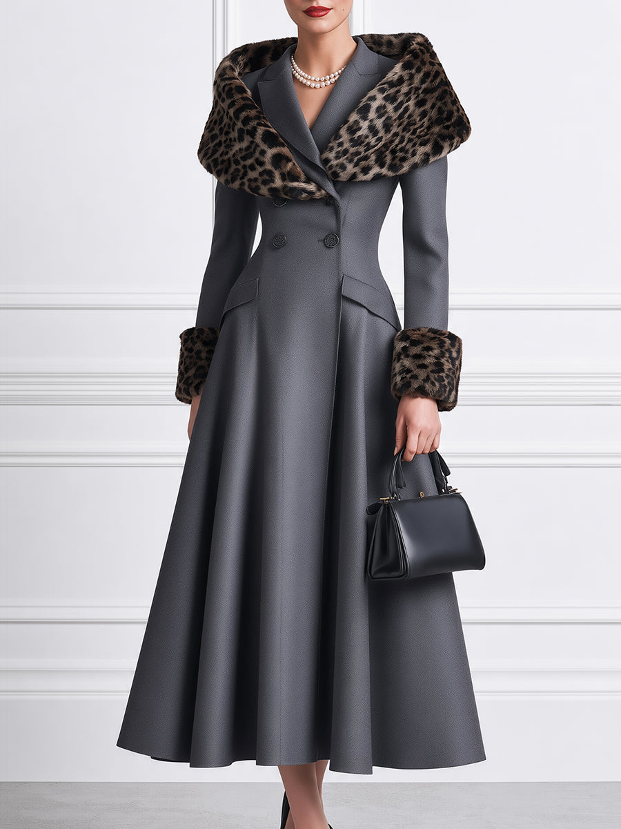 Women's Elegant Double-Breasted Wool Coat with Leopard Faux Fur Collar and Cuffs