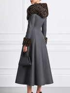 Women's Elegant Double-Breasted Wool Coat with Leopard Faux Fur Collar and Cuffs