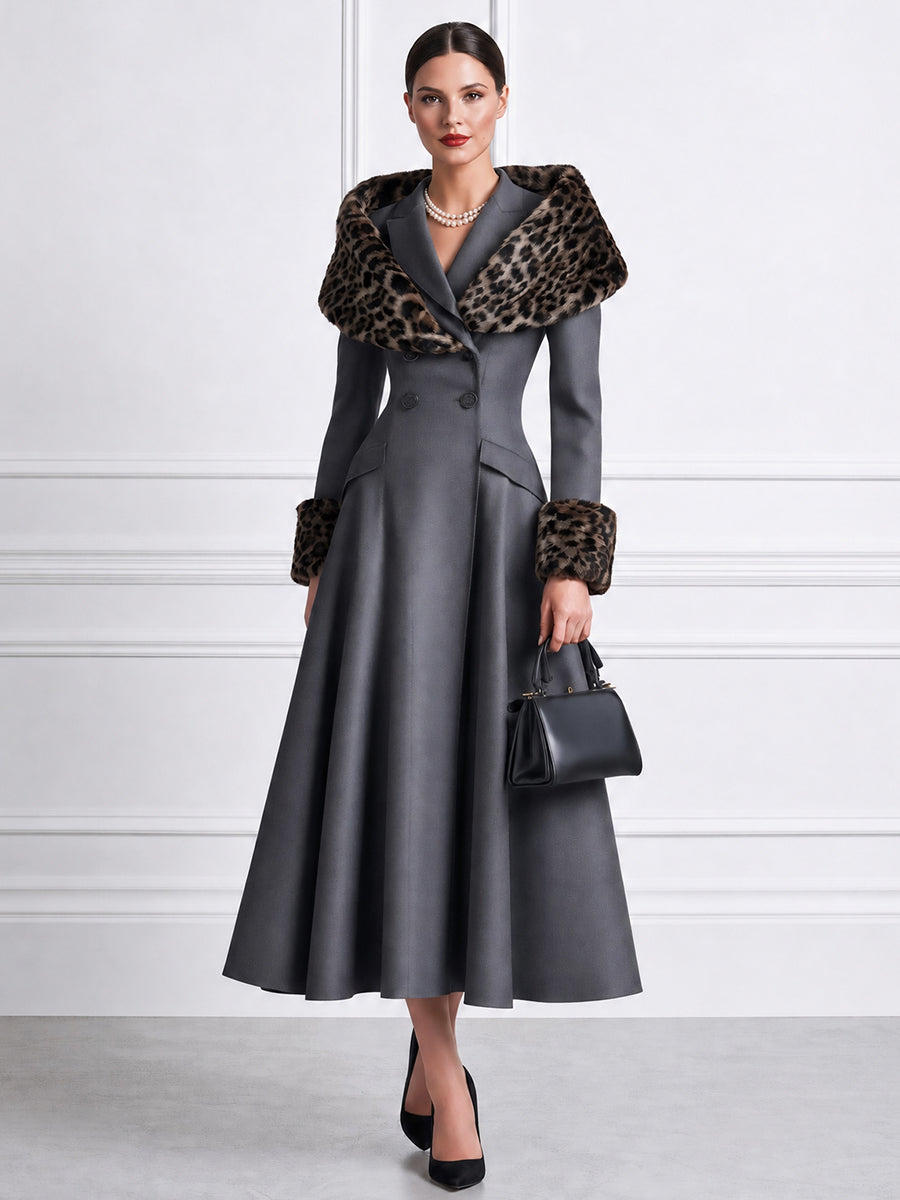 Women's Elegant Double-Breasted Wool Coat with Leopard Faux Fur Collar and Cuffs