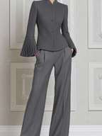 Gray Fall Fashion Stand Collar Pleated Cuff Blazer & Wide Leg Pants Suit Set