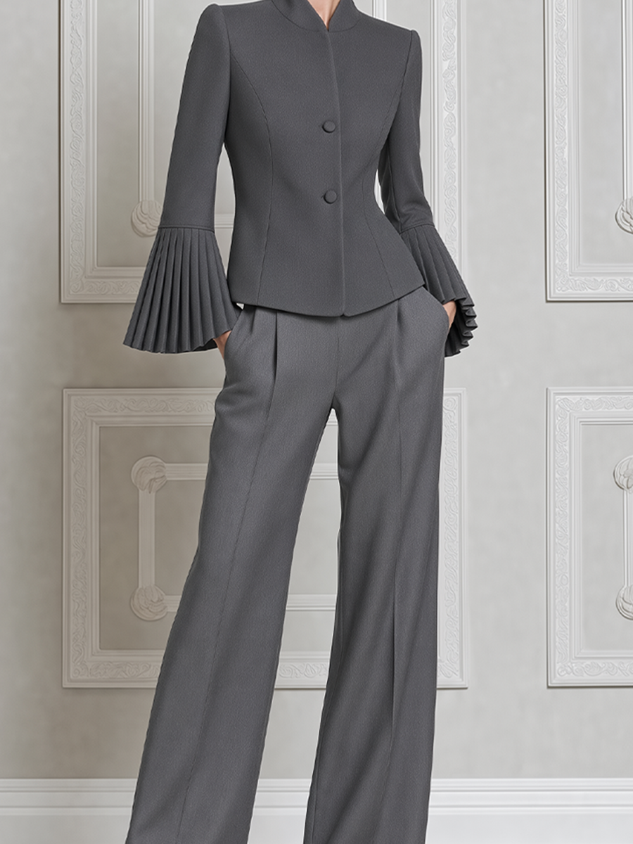 Gray Fall Fashion Stand Collar Pleated Cuff Blazer & Wide Leg Pants Suit Set