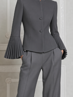 Gray Fall Fashion Stand Collar Pleated Cuff Blazer & Wide Leg Pants Suit Set