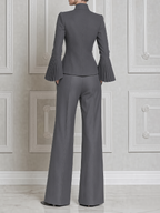 Gray Fall Fashion Stand Collar Pleated Cuff Blazer & Wide Leg Pants Suit Set