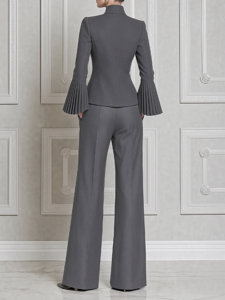 Gray Fall Fashion Stand Collar Pleated Cuff Blazer & Wide Leg Pants Suit Set