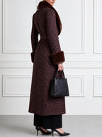 Leopard Print Faux Fur Collar Long Wool Coat with Belt