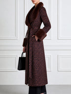 Leopard Print Faux Fur Collar Long Wool Coat with Belt