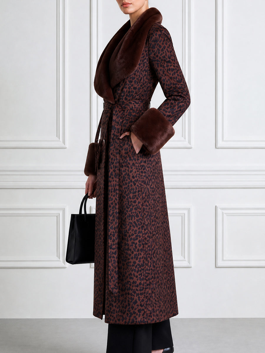 Leopard Print Faux Fur Collar Long Wool Coat with Belt