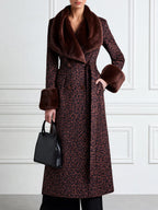 Leopard Print Faux Fur Collar Long Wool Coat with Belt