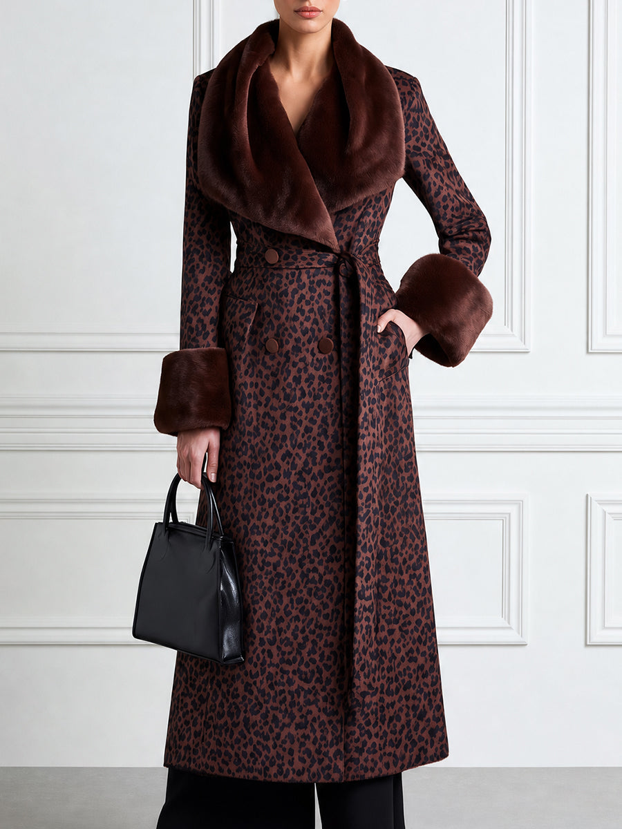 Leopard Print Faux Fur Collar Long Wool Coat with Belt