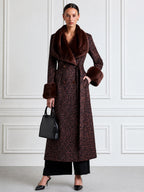 Leopard Print Faux Fur Collar Long Wool Coat with Belt