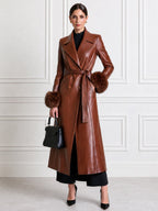 Women's Long Belted Faux Leather Trench Coat with Fur Cuffs
