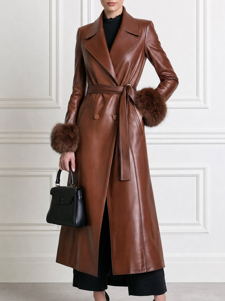 Women's Long Belted Faux Leather Trench Coat with Fur Cuffs