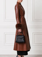 Women's Long Belted Faux Leather Trench Coat with Fur Cuffs