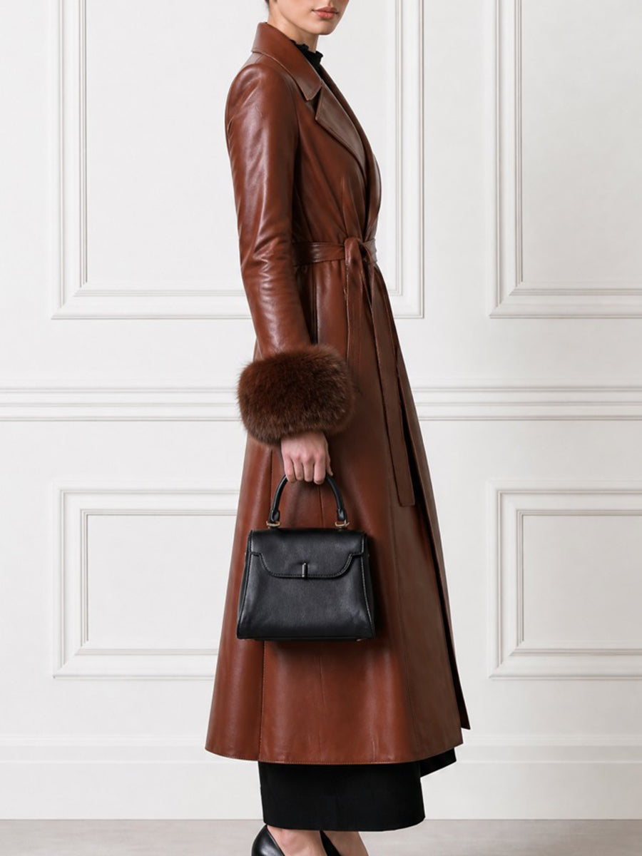 Women's Long Belted Faux Leather Trench Coat with Fur Cuffs