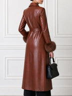 Women's Long Belted Faux Leather Trench Coat with Fur Cuffs