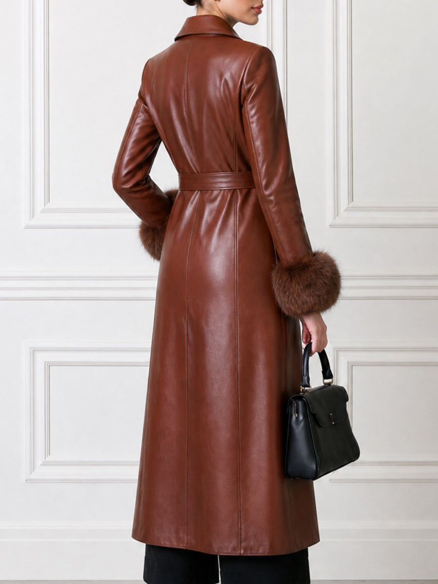 Women's Long Belted Faux Leather Trench Coat with Fur Cuffs