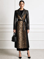 Women's Faux Leather Trench Coat with Leopard Print Panel & Belt