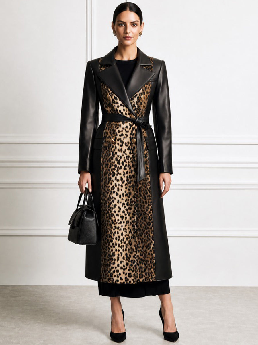 Women's Faux Leather Trench Coat with Leopard Print Panel & Belt