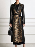 Women's Faux Leather Trench Coat with Leopard Print Panel & Belt