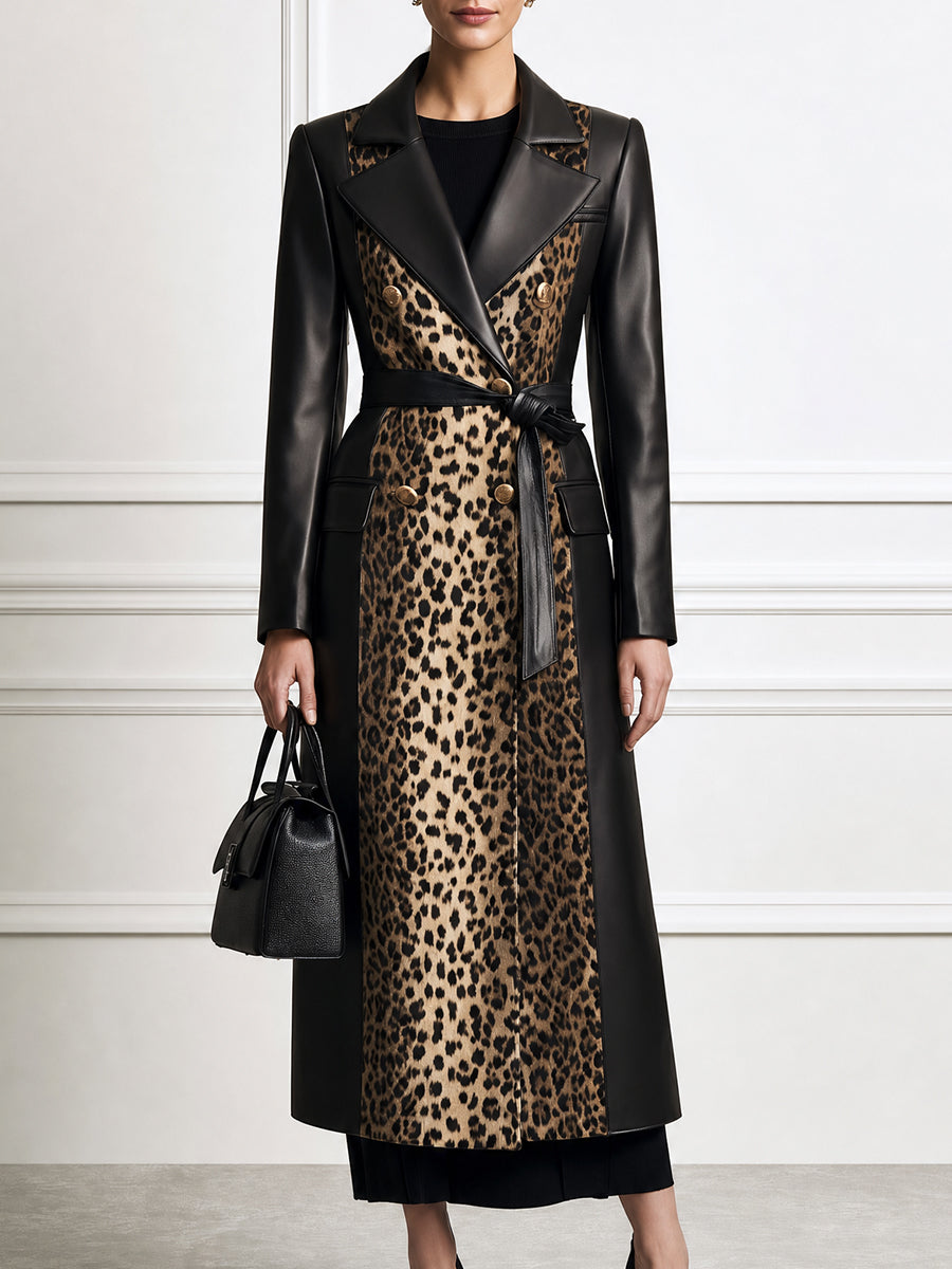 Women's Faux Leather Trench Coat with Leopard Print Panel & Belt