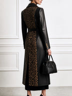 Women's Faux Leather Trench Coat with Leopard Print Panel & Belt