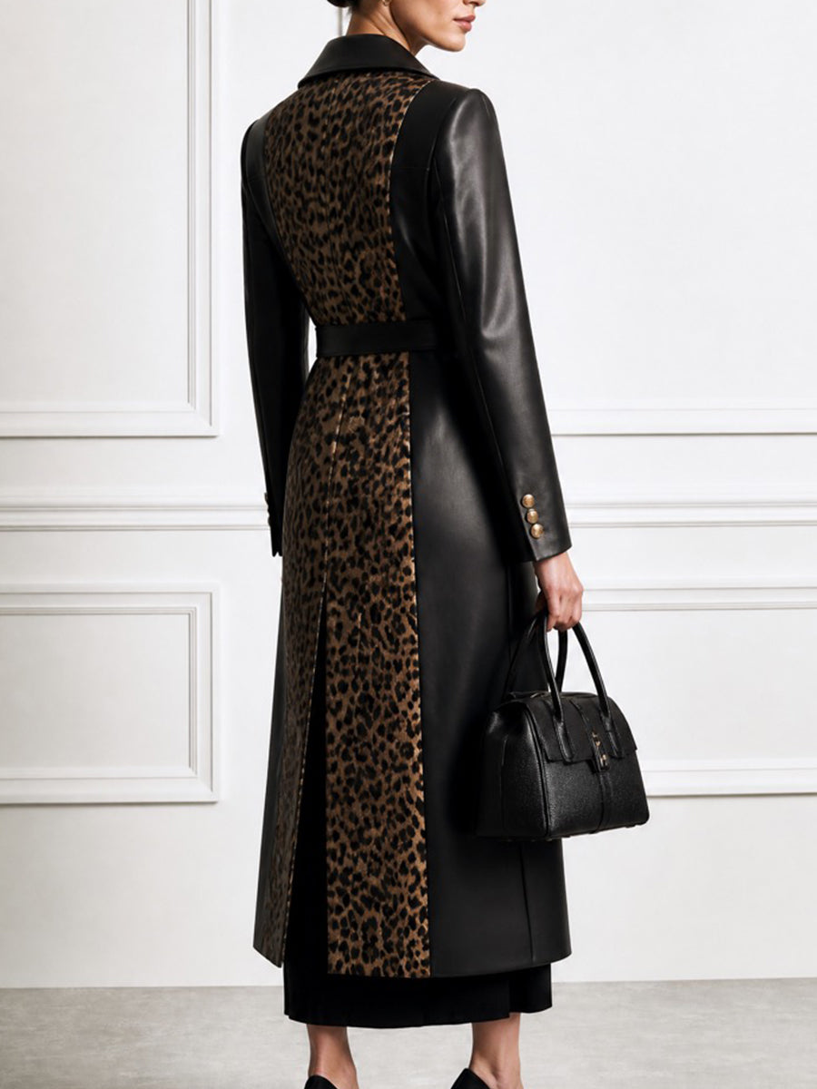 Women's Faux Leather Trench Coat with Leopard Print Panel & Belt