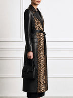 Women's Faux Leather Trench Coat with Leopard Print Panel & Belt