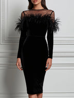 Velvet Feather-Trim Mesh Yoke Sheath Midi Dress
